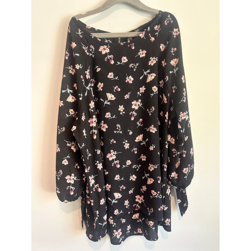 Paper Moon Black Floral Long Sleeve Blouse Size Small Pink Floral Tie Cuff Top